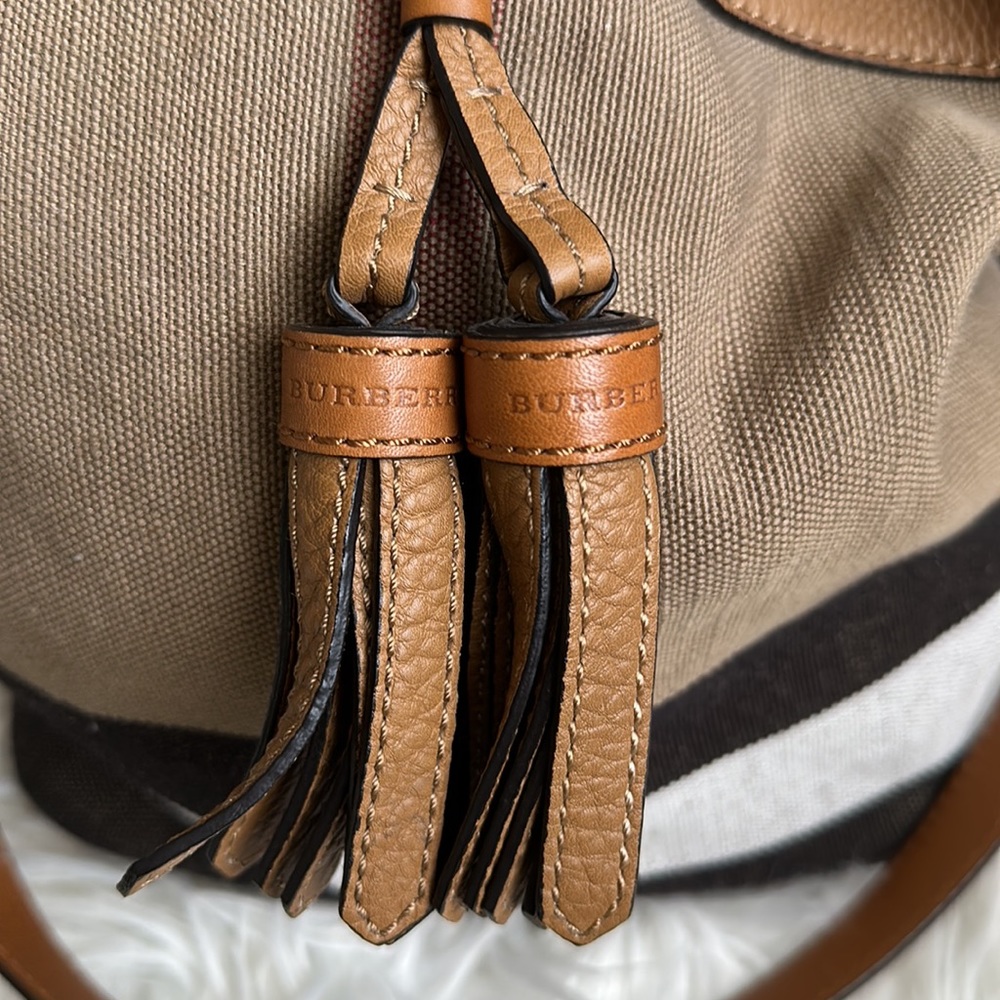 Burberry Ashby Tassel Medium Brown Canvas and Calfskin Leather Hobo Bag - Picture 4 of 16
